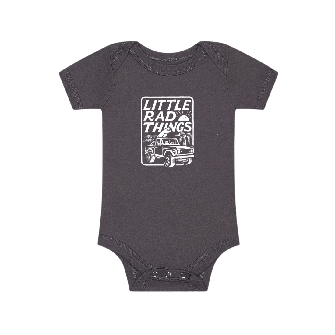 Grey baby onesie with 'Little Rad Things' and Bronco graphic, stylish and comfortable.