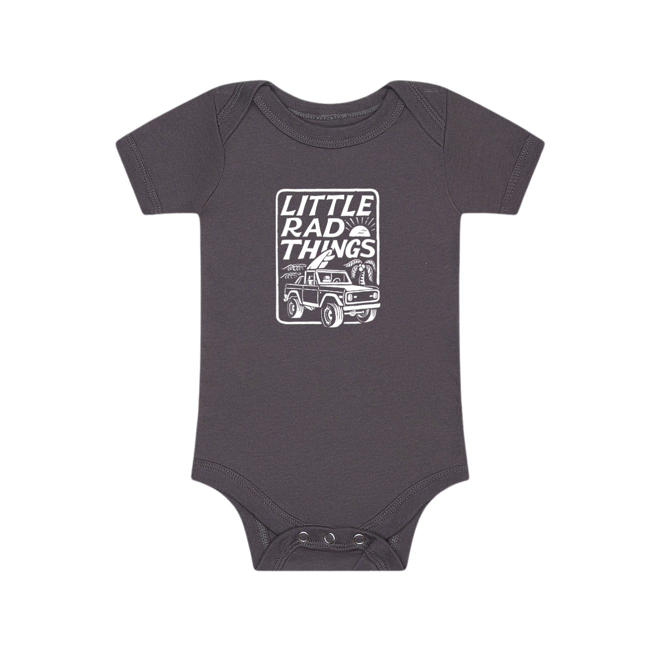 Grey baby onesie with 'Little Rad Things' and Bronco graphic, stylish and comfortable.