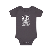 Grey baby onesie with 'Little Rad Things' and Bronco graphic, stylish and comfortable.