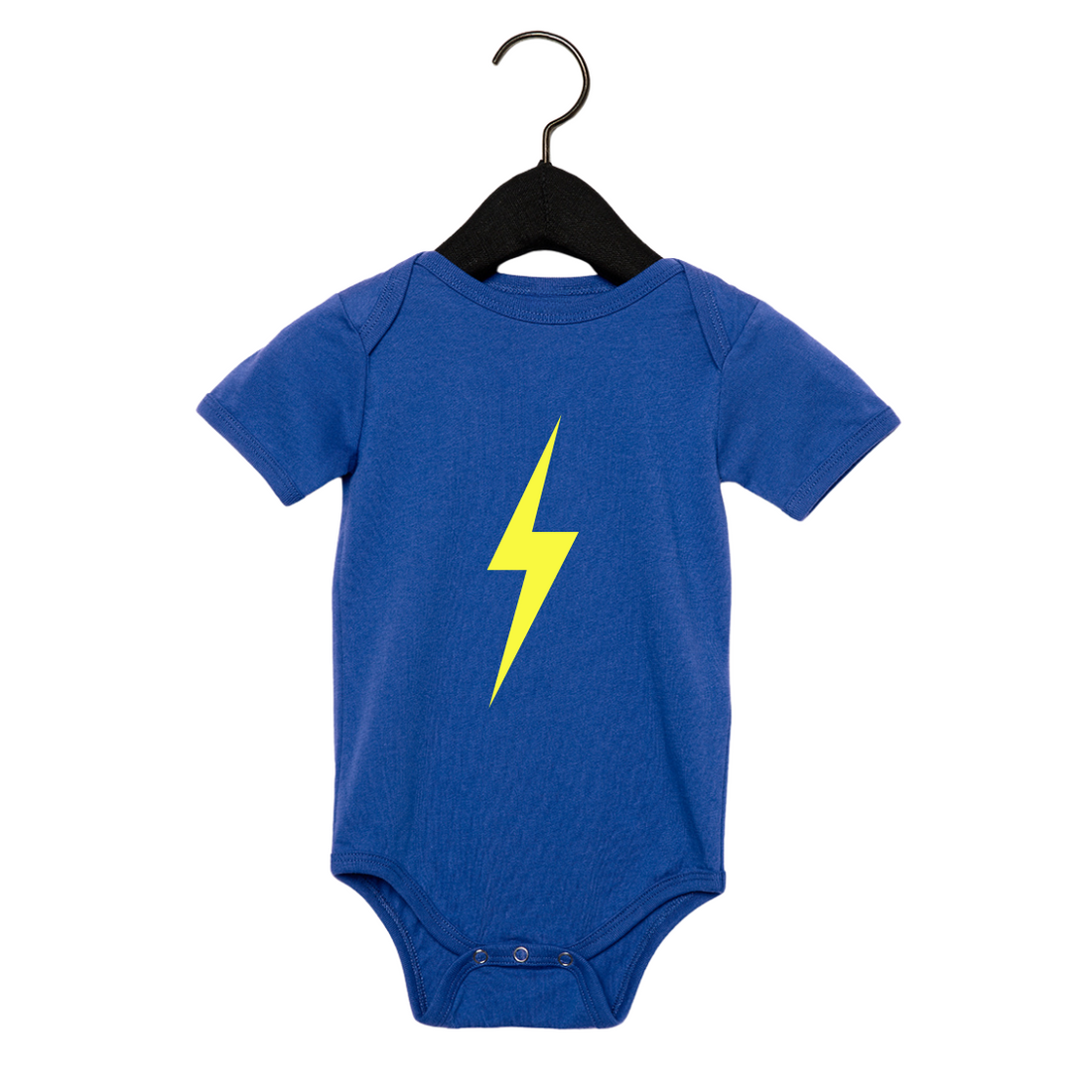 Royal blue onesie with neon yellow lightning bolt design.