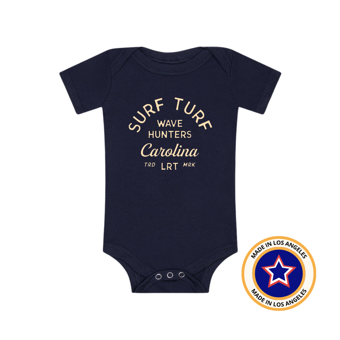 Navy Wave Hunter Onesie featuring Surf Turf Wave Hunters Carolina graphic.