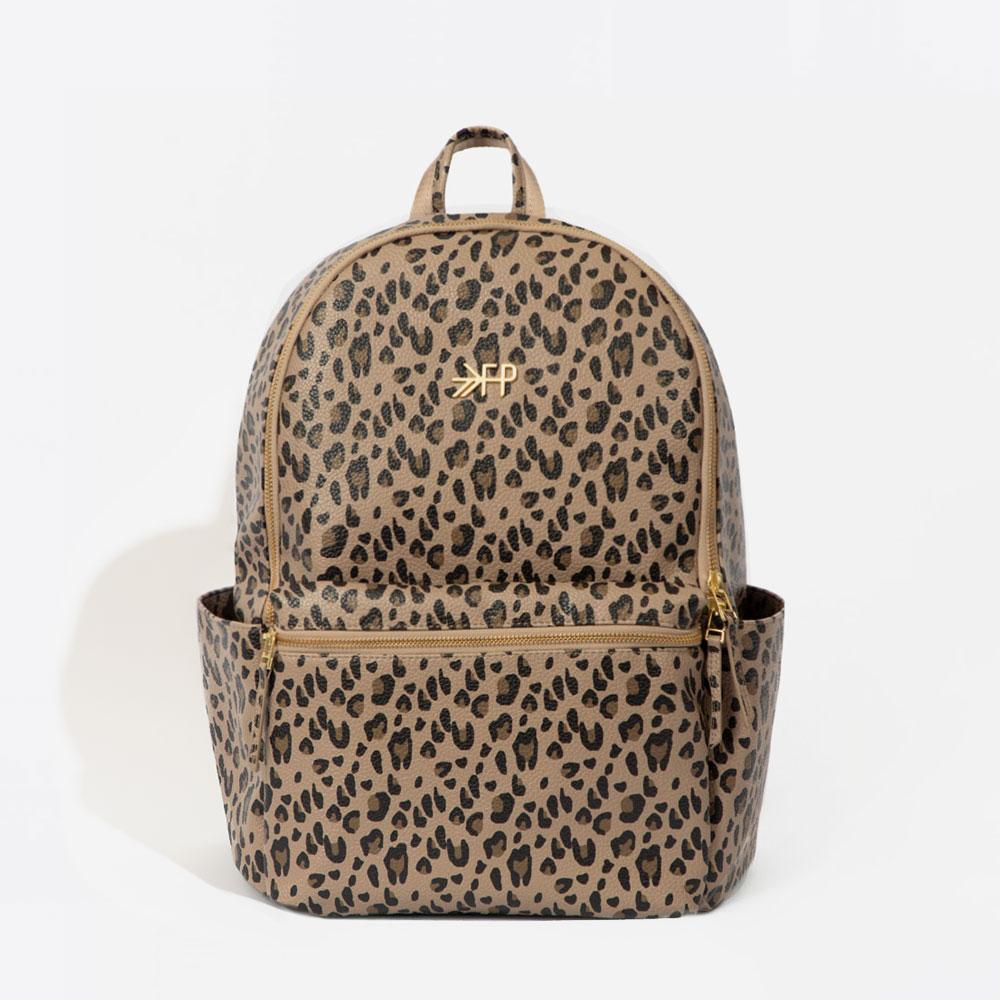 Leopard print Classic City Backpack II with gold hardware and FP logo.