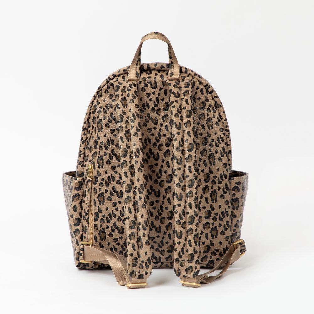 Back view of Leopard Classic City Backpack II, showing straps and gold zippers.