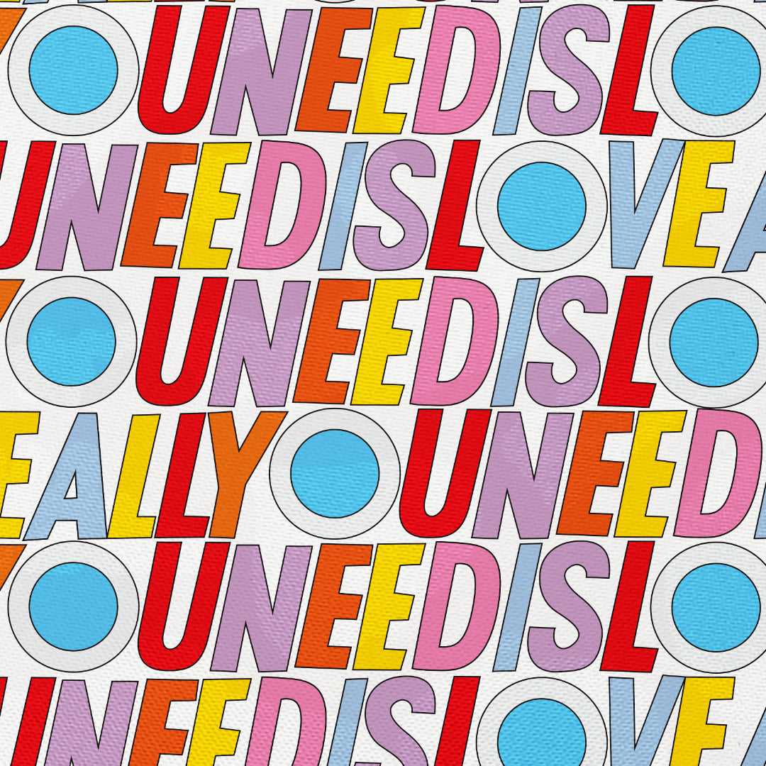 Close-up of the Beatles Loog Gig Bag's "All You Need Is Love" text pattern.