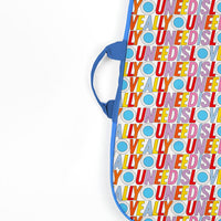 Detail of the Beatles Loog Gig Bag, showing the blue handle and text design.