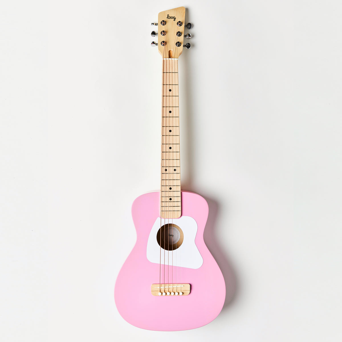 Close up of Loog Pro 6 Acoustic guitar headstock