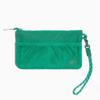 Kelly Motion Wristlet Pouch in green with mesh pockets and wrist strap.