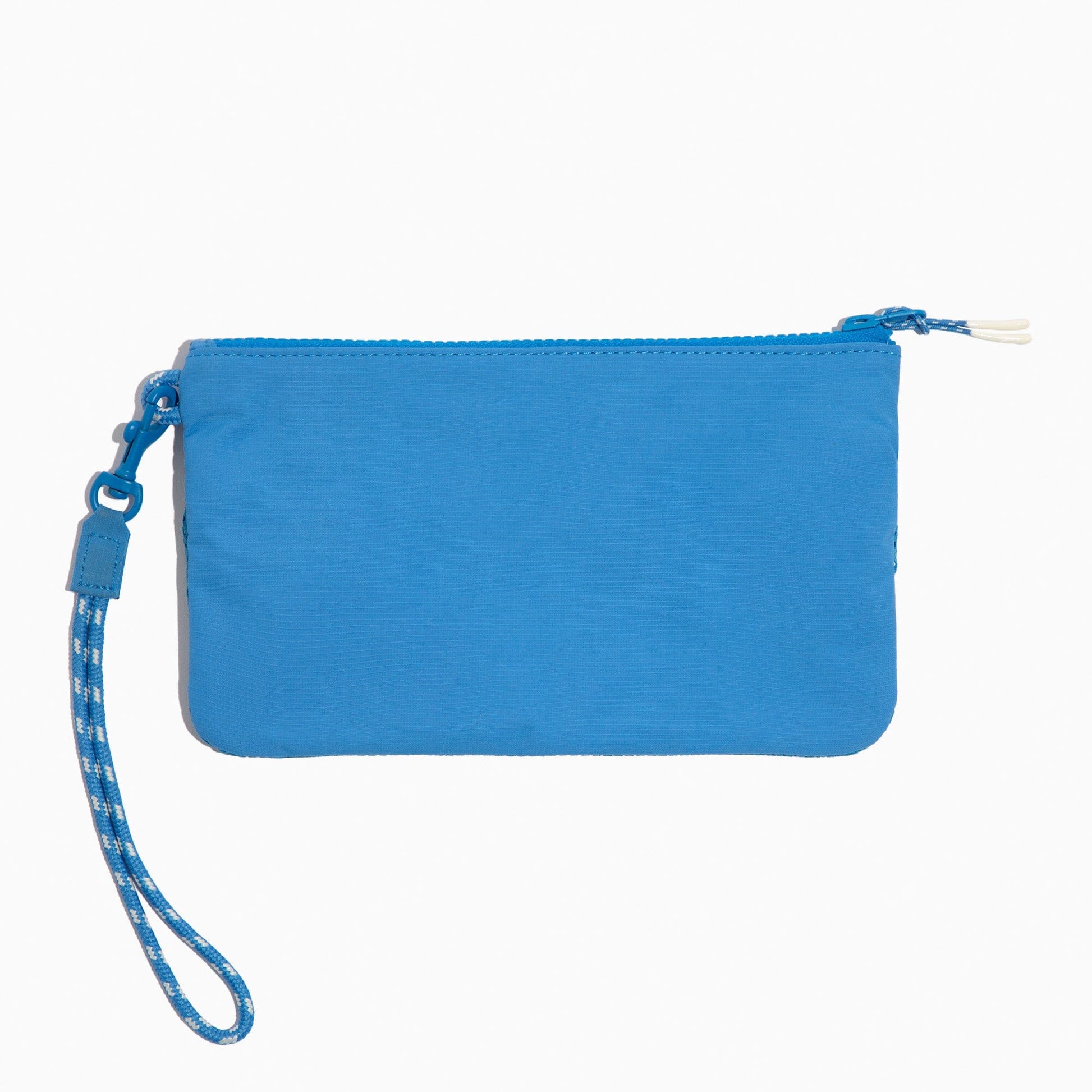 Close-up of the blue Wave Motion Wristlet Pouch with wrist strap detail.