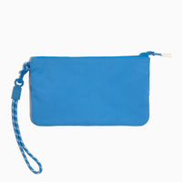 Close-up of the blue Wave Motion Wristlet Pouch with wrist strap detail.