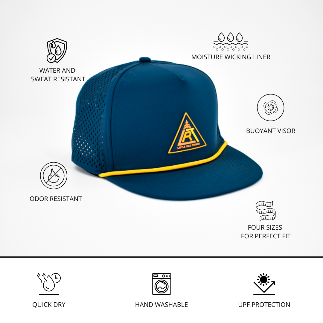 Waterproof pewter snapback hat features: water/sweat resistance, moisture-wicking, odor resistance, buoyant visor, quick dry, hand washable, UPF protection.