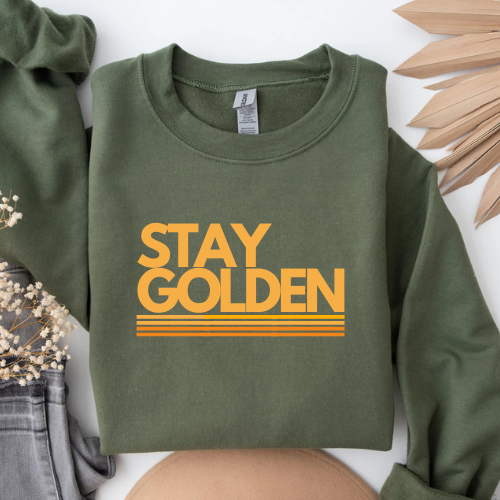 Olive green Stay Golden crew sweatshirt flat lay.