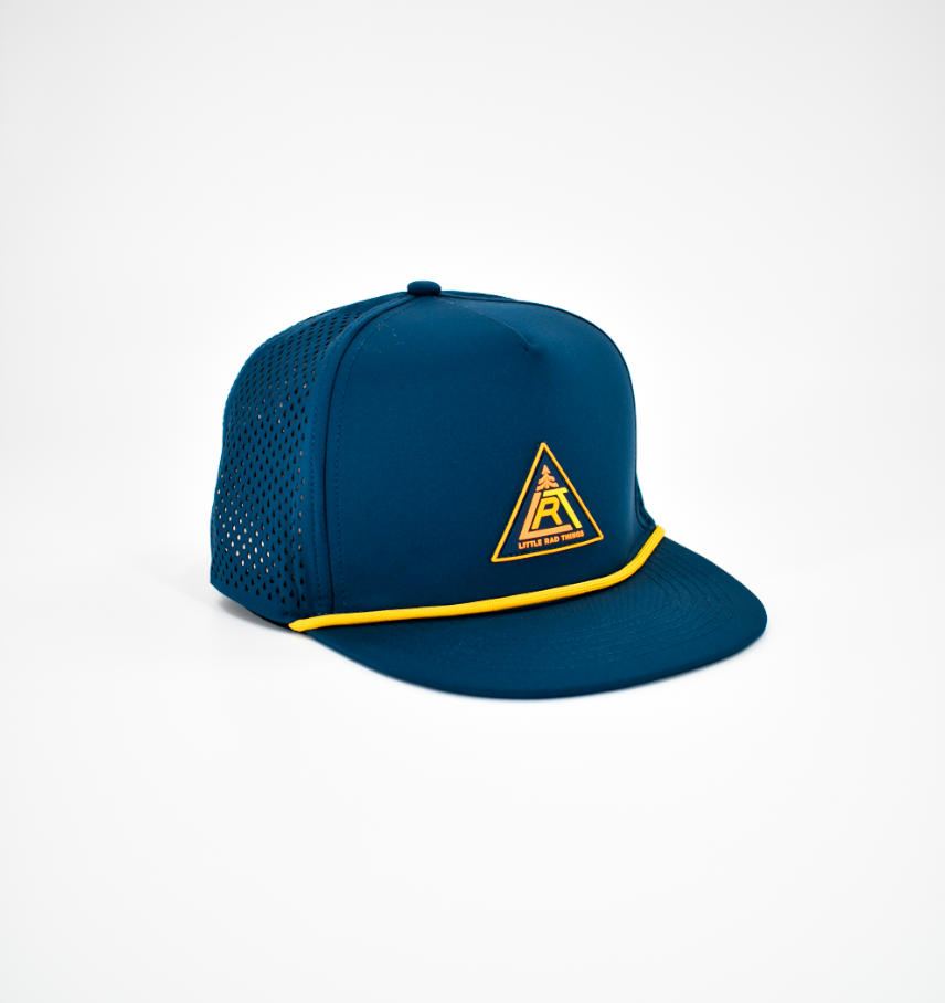 Pewter waterproof snapback hat with yellow rope accent and logo.