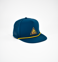 Pewter waterproof snapback hat with yellow rope accent and logo.