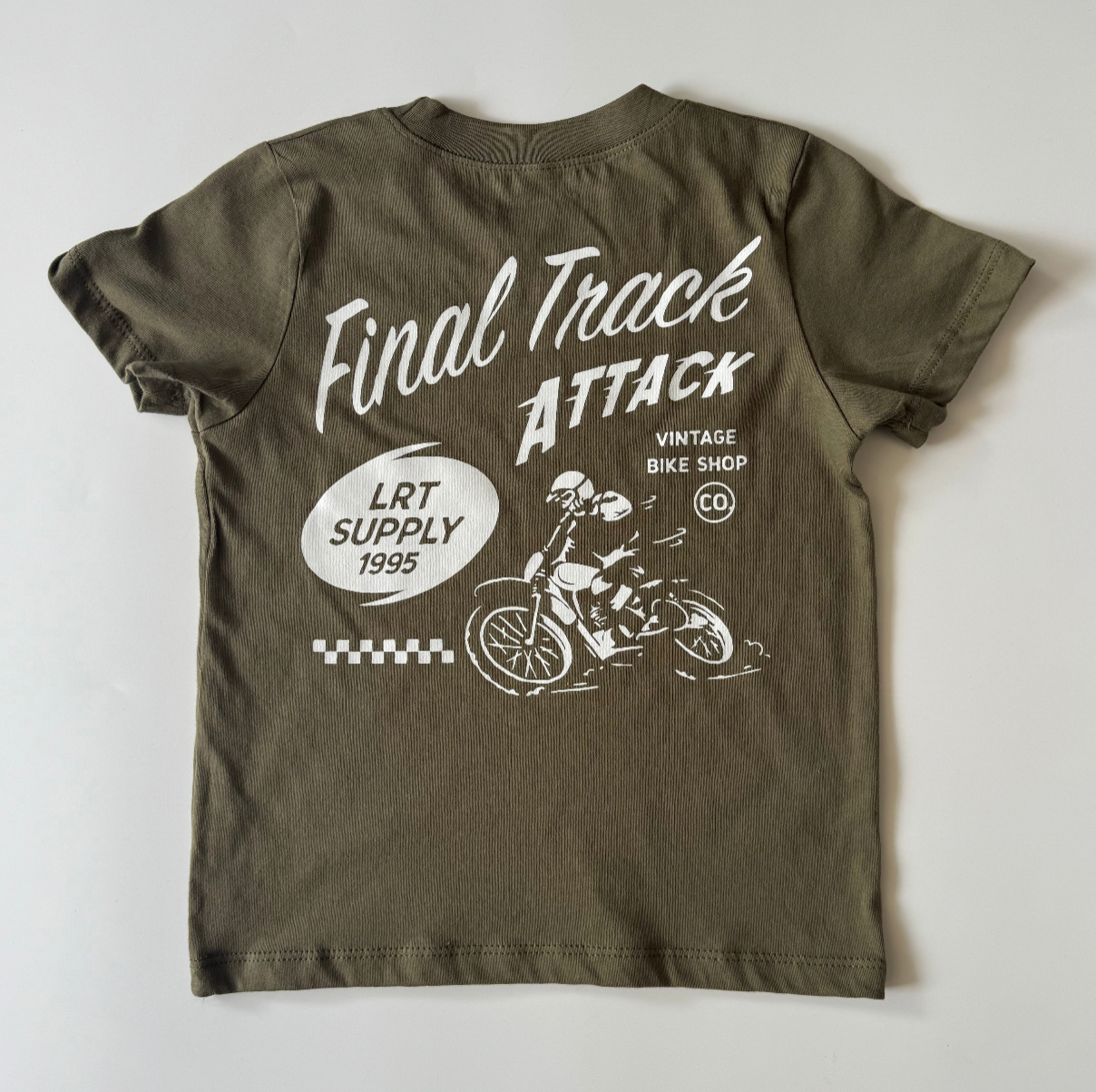 Military green Final Track Attack t-shirt for active kids.