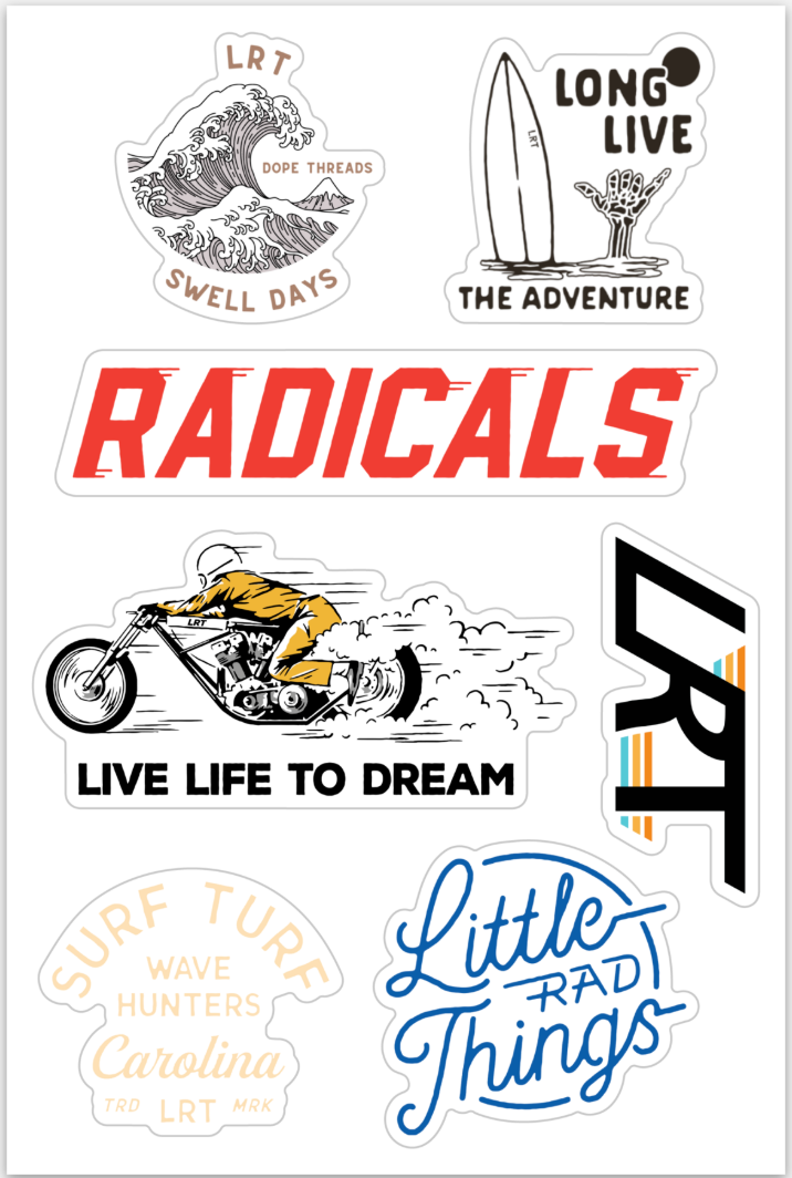 RAD sticker sheet featuring surf, motorcycle, and inspirational designs.