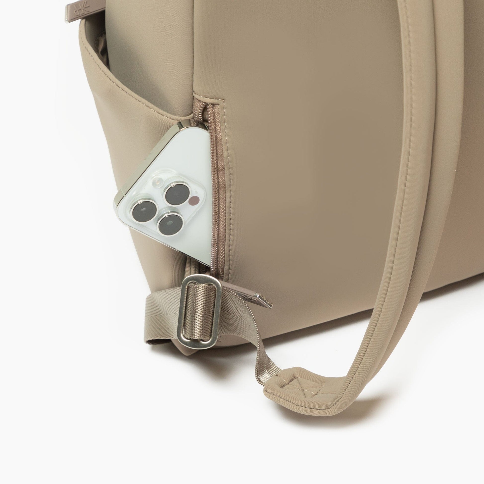 Aspen Seoul Neoprene City Backpack in Sand color, front view.