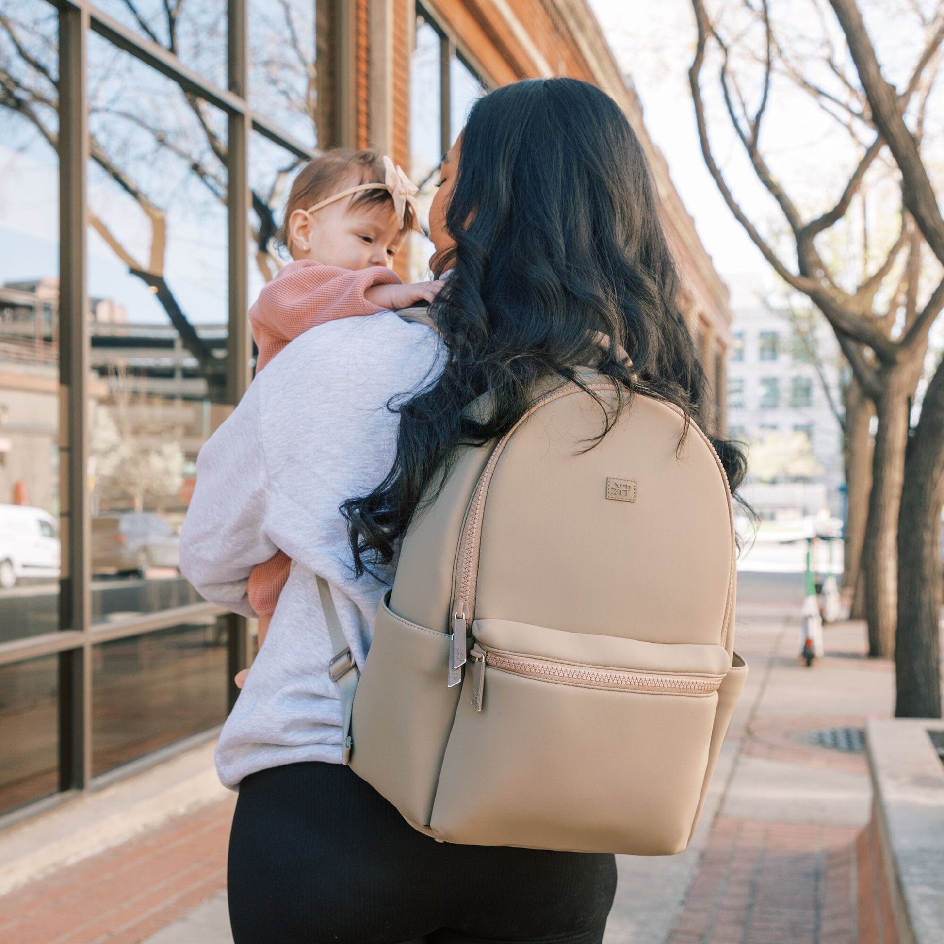 Aspen Seoul Neoprene City Backpack in Sand color, front view.