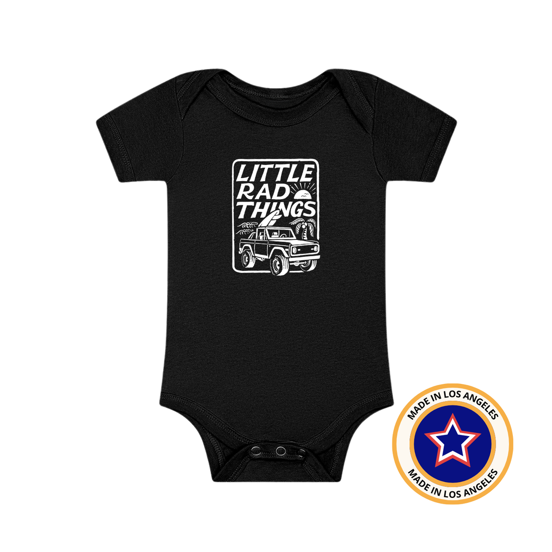 Black Bronco LRT Onesie featuring a 'Little Rad Things' graphic.