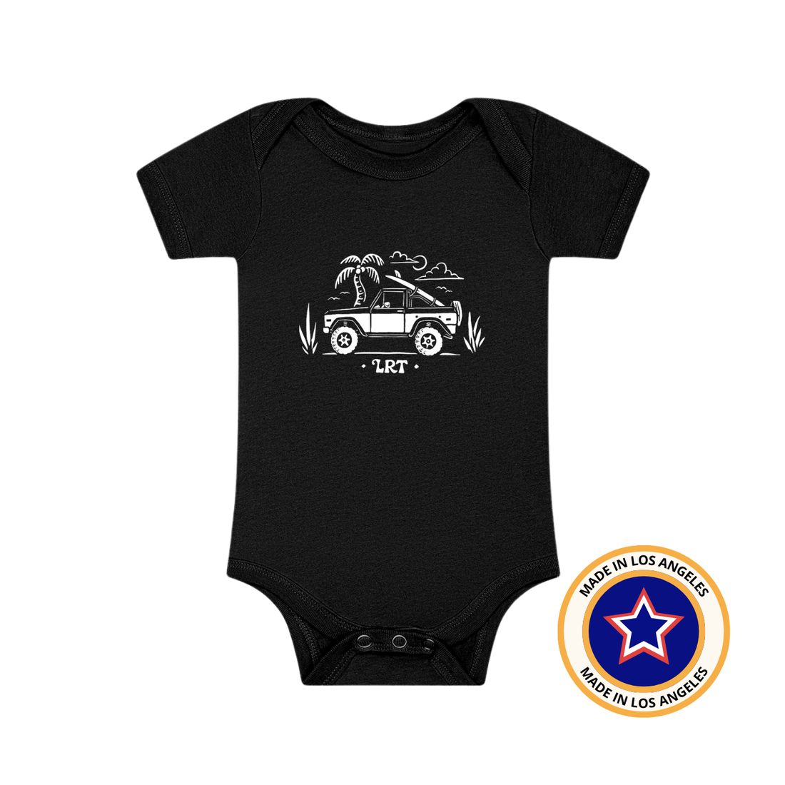 Black Bronco Old School Onesie featuring a white vintage Bronco graphic with palm trees.