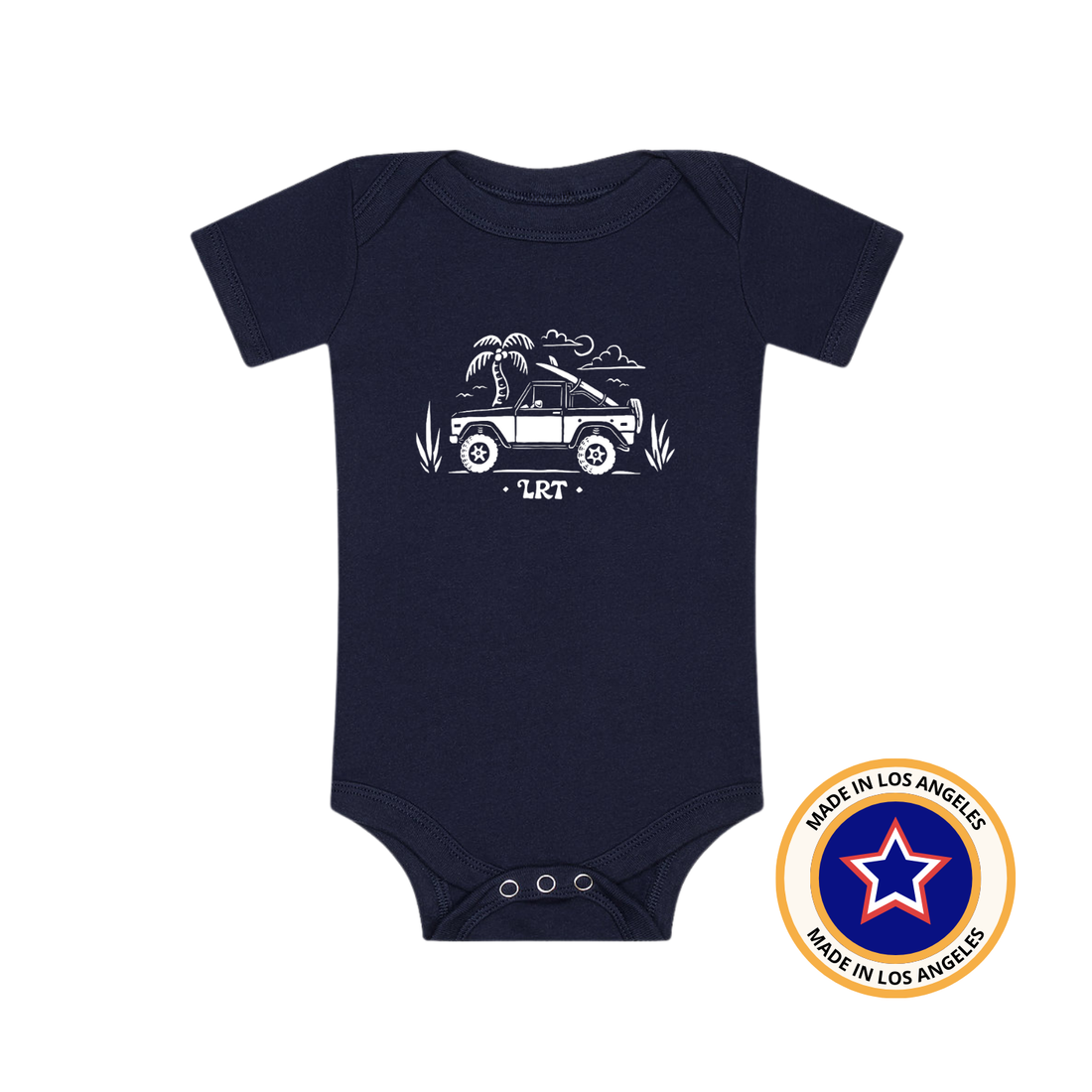Navy Bronco Onesie with vintage Bronco graphic and 'Made in Los Angeles' seal.