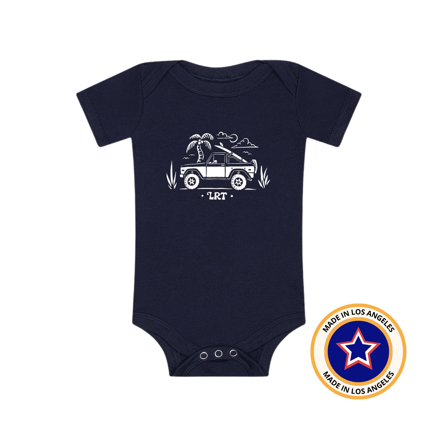 Navy Bronco Onesie with vintage Bronco graphic and 'Made in Los Angeles' seal.