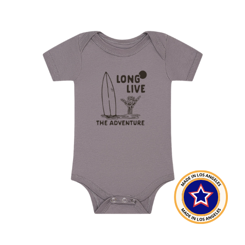 Grey Long Live Adventure Onesie featuring a surfboard graphic, perfect for active babies.