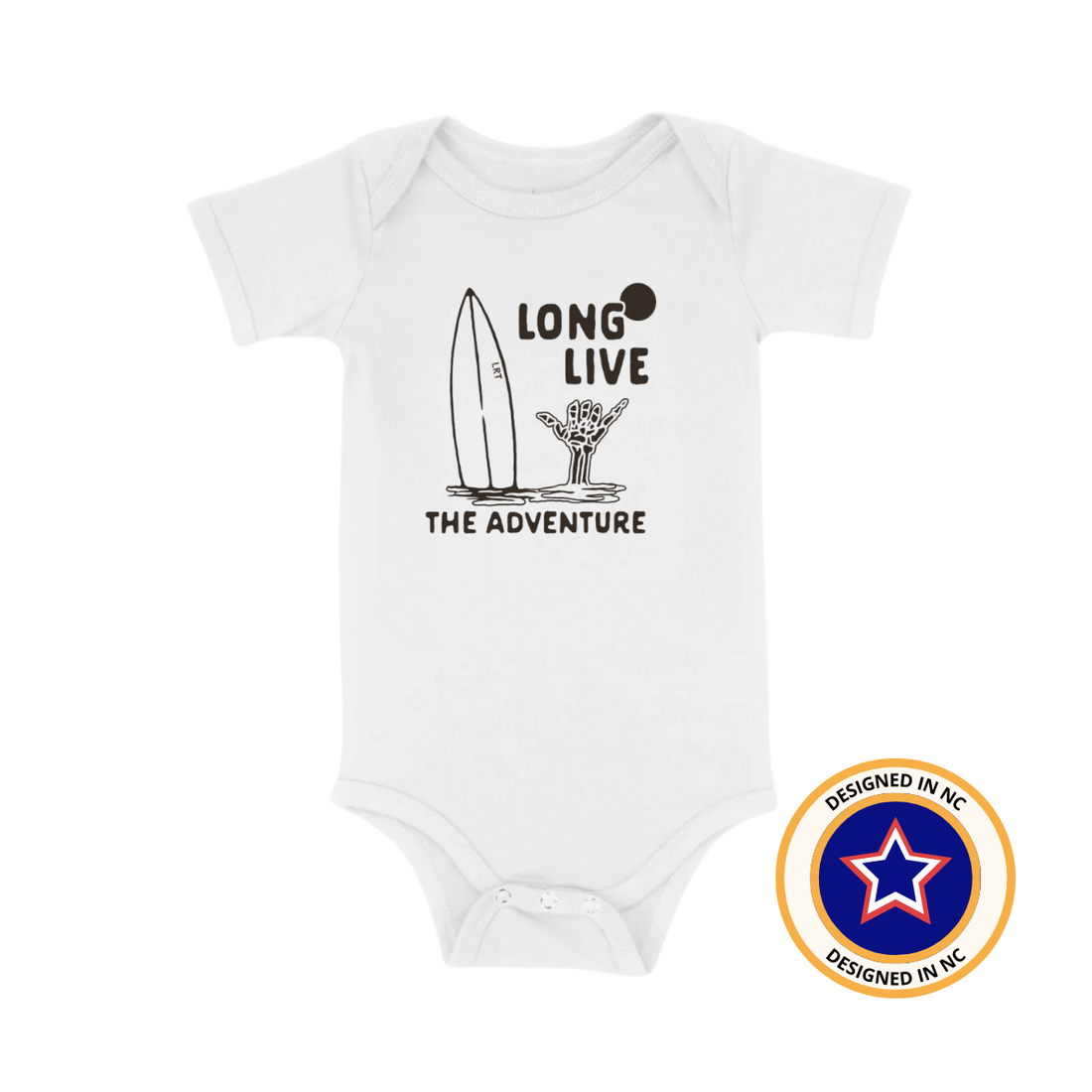 White Long Live Adventure Onesie featuring a surfboard and shaka graphic.