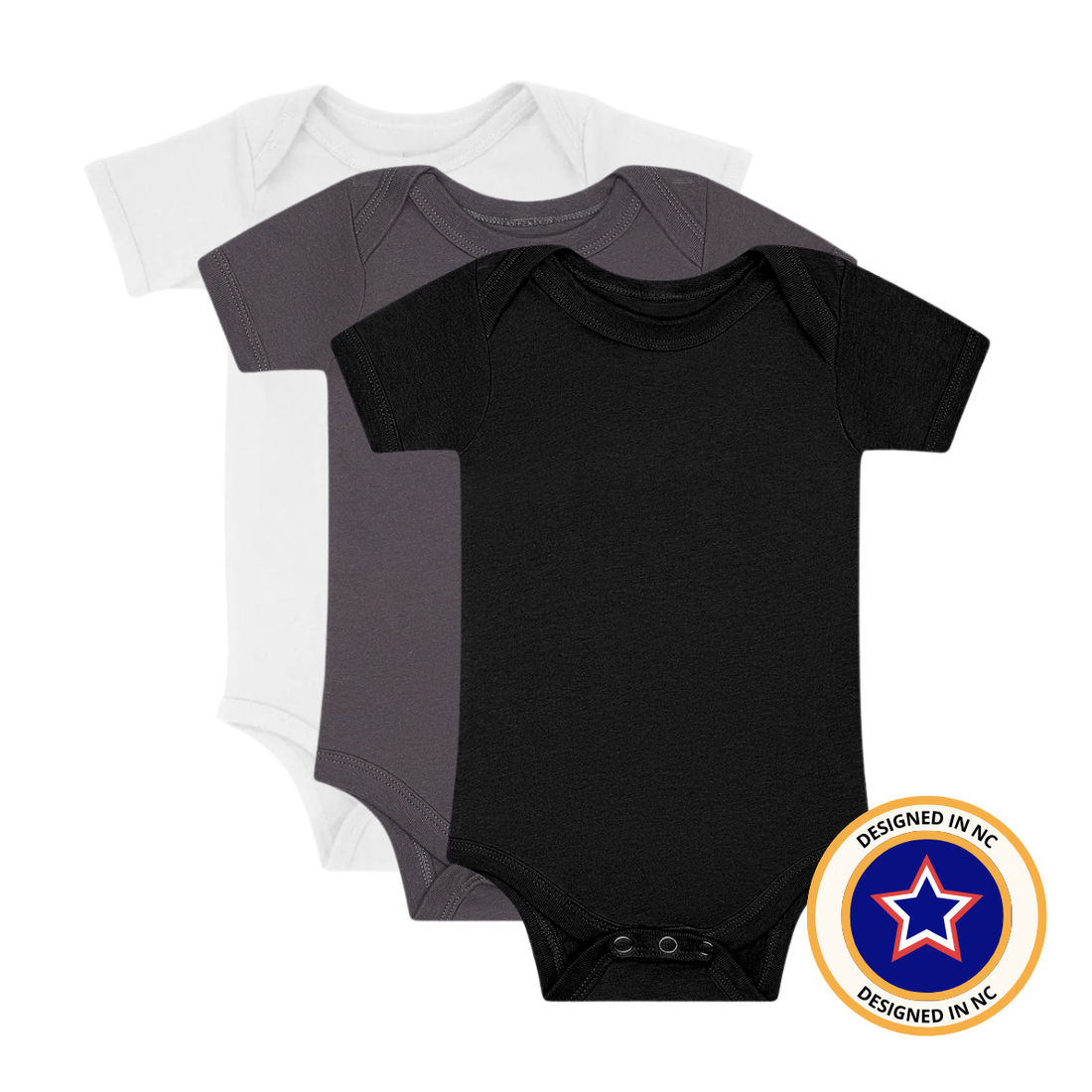 Rad Neutrals Monochrome Onesie 3-Pack in white, grey, and black.