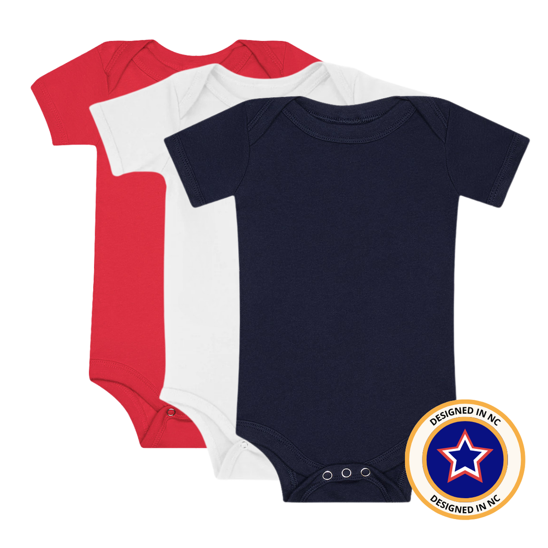 Rad Neutrals Americana Onesie 3-Pack in red, white, and navy.