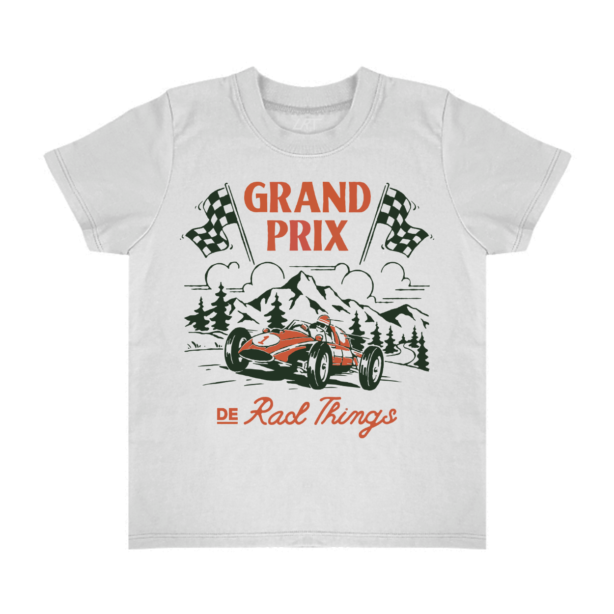 Happy child in Grand Prix t-shirt at race with crowd background.