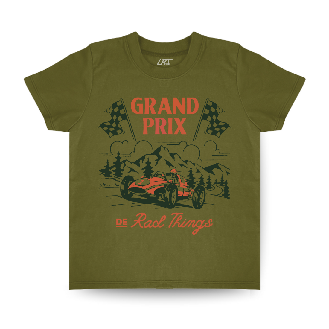 Military green Grand Prix de Rad Things t-shirt with race car graphic.