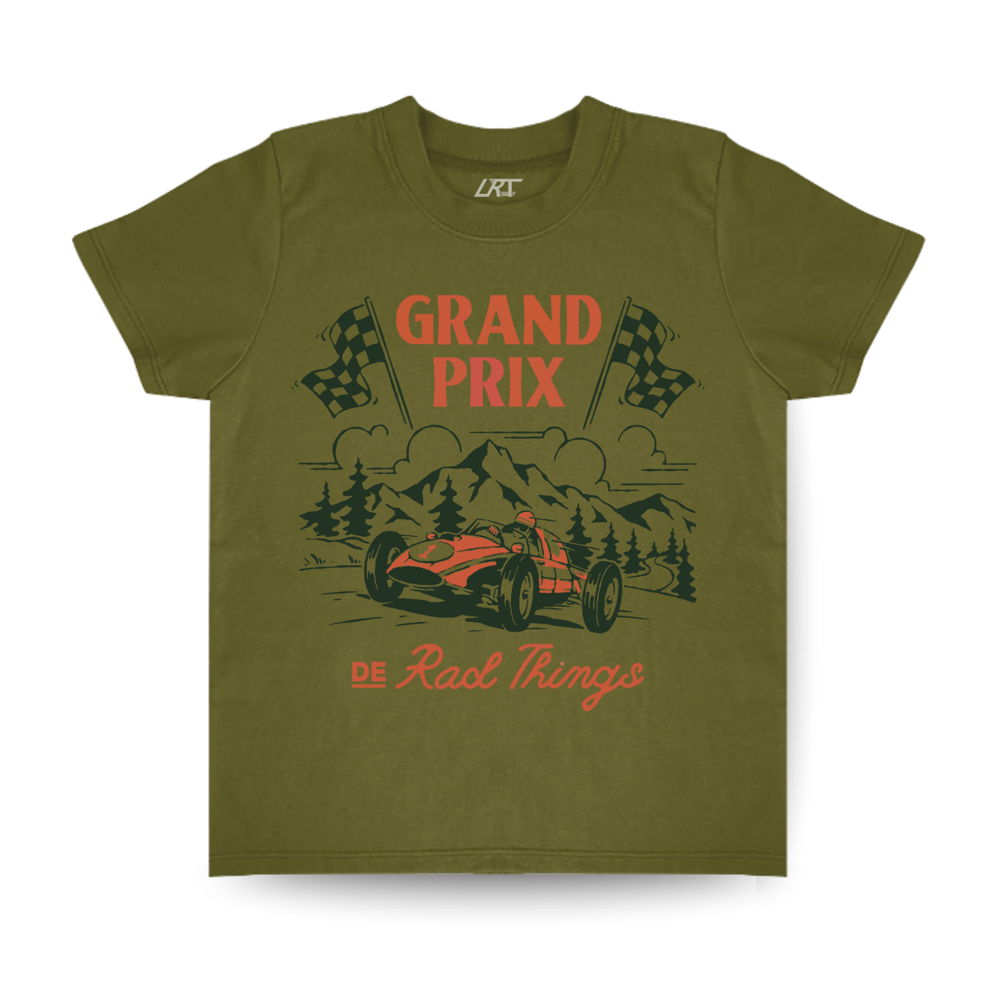Military green Grand Prix de Rad Things t-shirt with race car graphic.