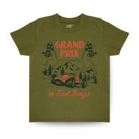 Military green Grand Prix de Rad Things t-shirt with race car graphic.