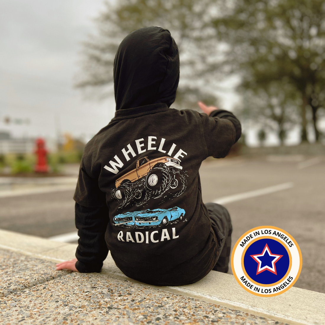 Boy wearing a black Wheelie Radical Tee with a monster truck graphic.