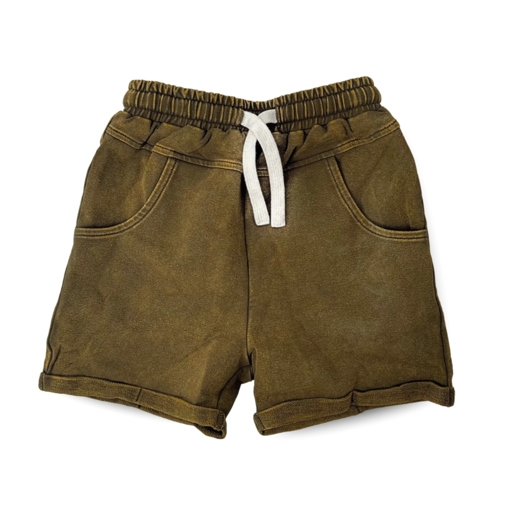 Army green vintage wash shorts with pockets and rolled hem.