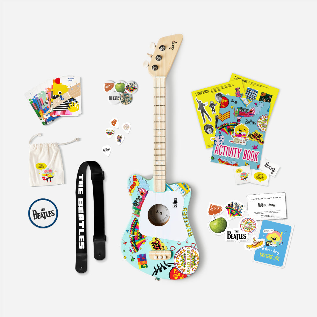 Beatles Loog Mini Guitar with strap, picks, stickers, and activity book