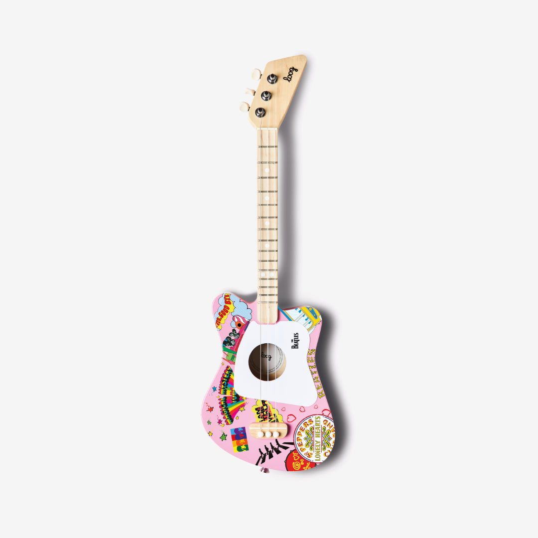 Full view of The Beatles Loog Mini Guitar, a 3-string acoustic for kids.