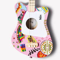 Close-up of The Beatles Loog Mini Guitar with pink body and colorful graphics.