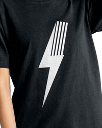 Close-up of white lightning bolt on black Adult Spark Tee.