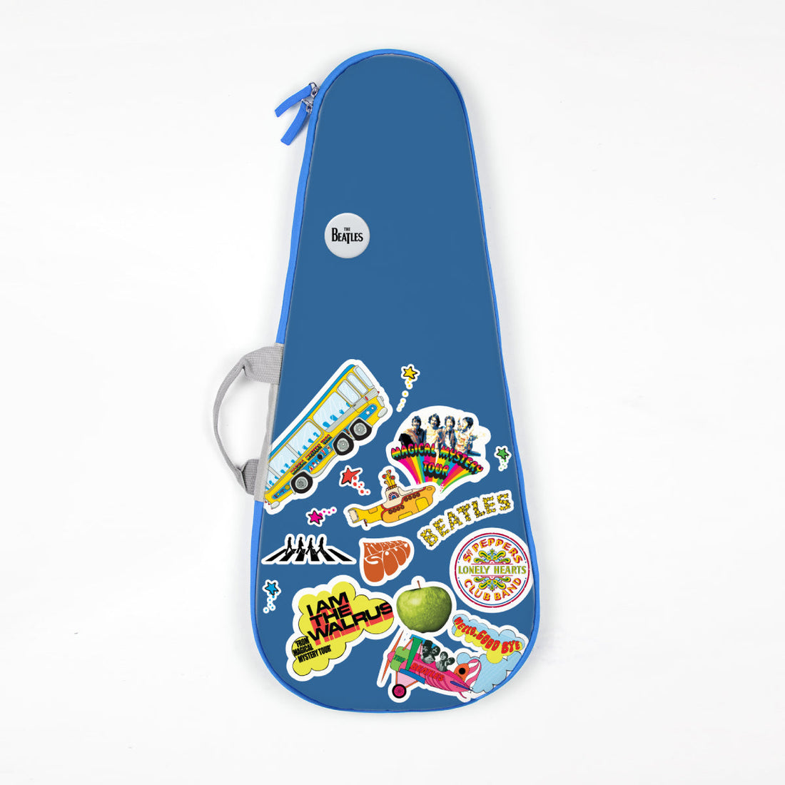 Beatles Loog gig bag featuring iconic album art stickers on a blue guitar case.