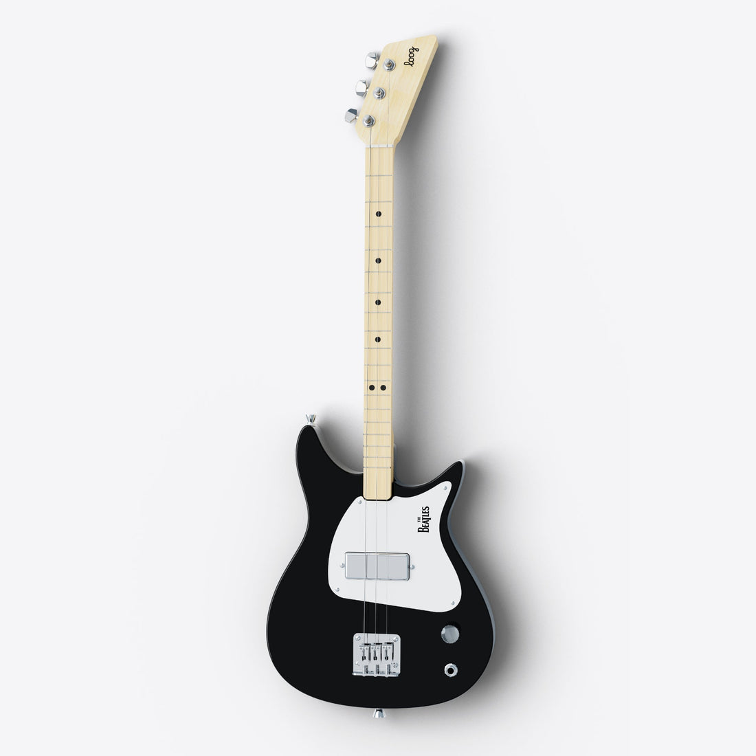 Close-up of the black Beatles Loog 3-string electric guitar.