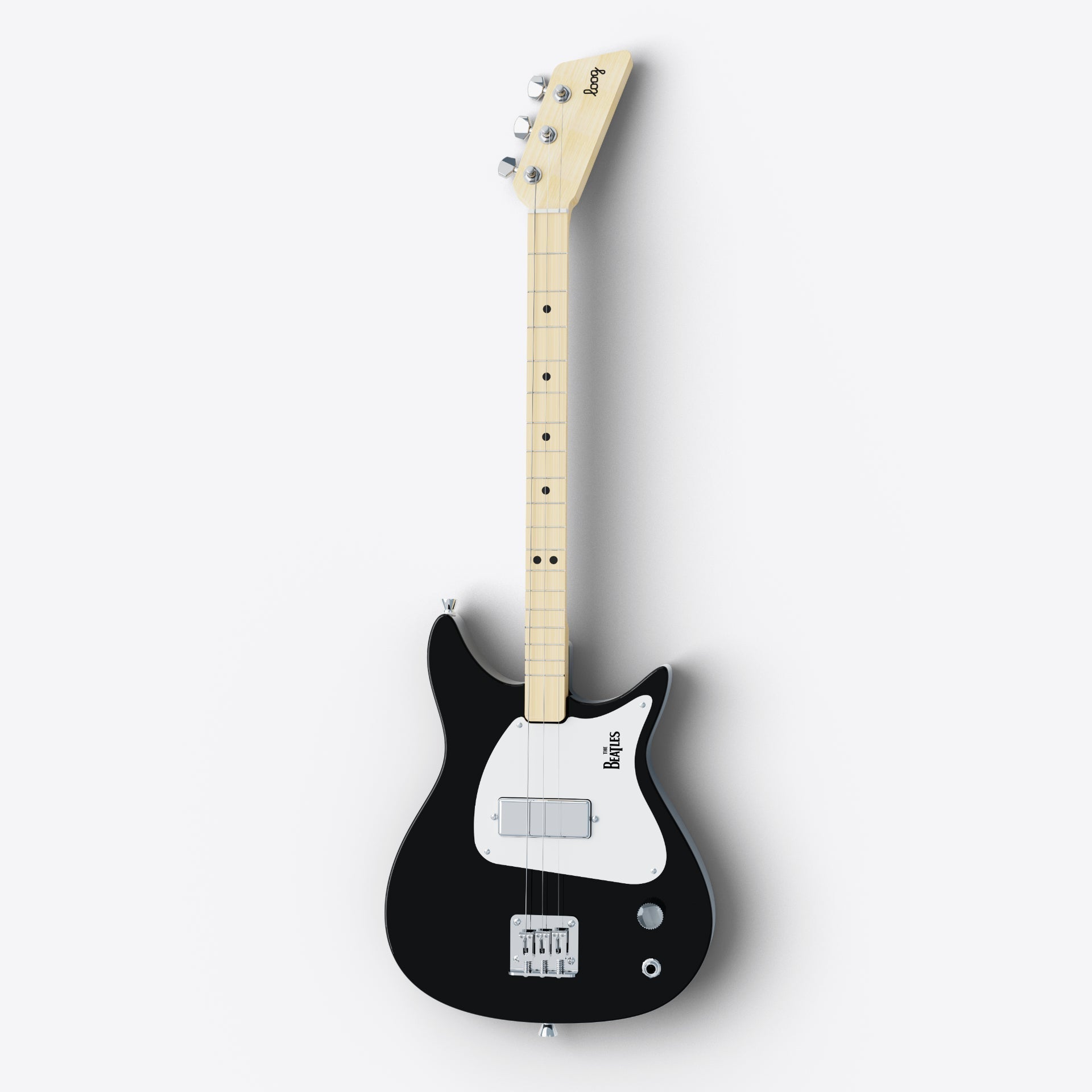 Close-up of the black Beatles Loog 3-string electric guitar.
