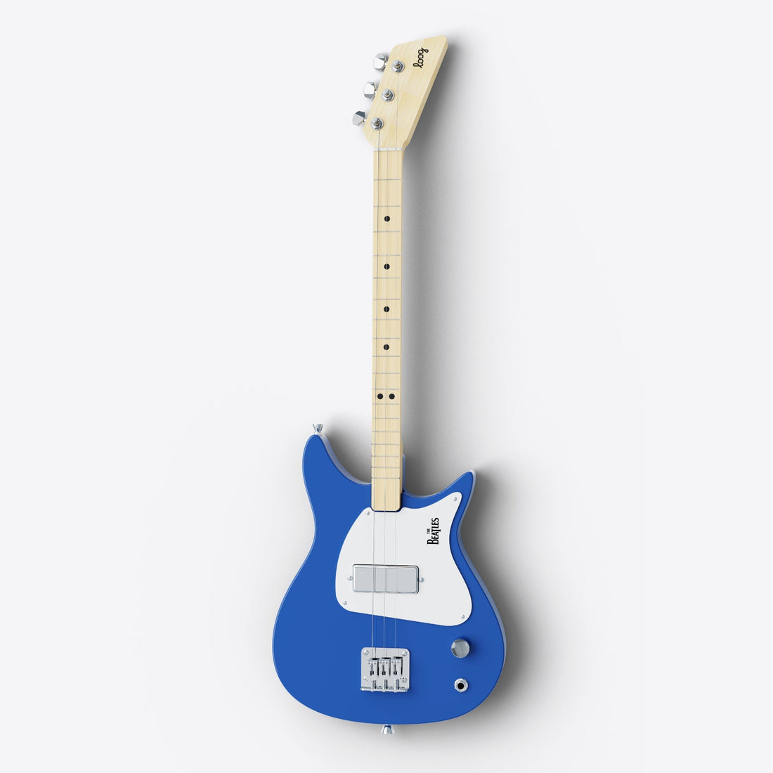 Close-up of the Beatles Loog blue electric guitar.