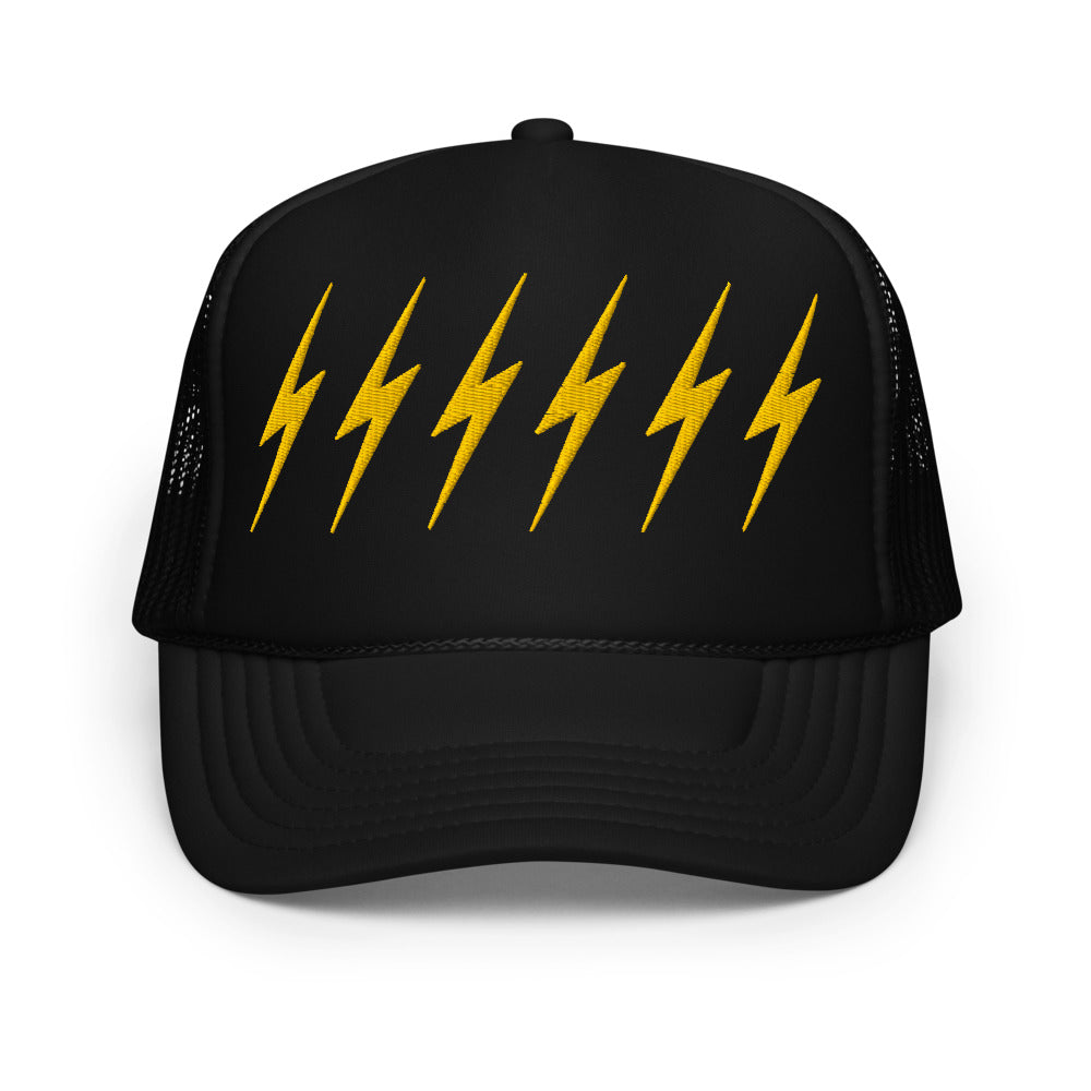 Black foam trucker hat with six yellow embroidered lightning bolts.