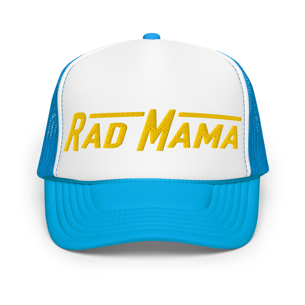 Blue and white RAD MAMA foam trucker hat with yellow embroidered text.