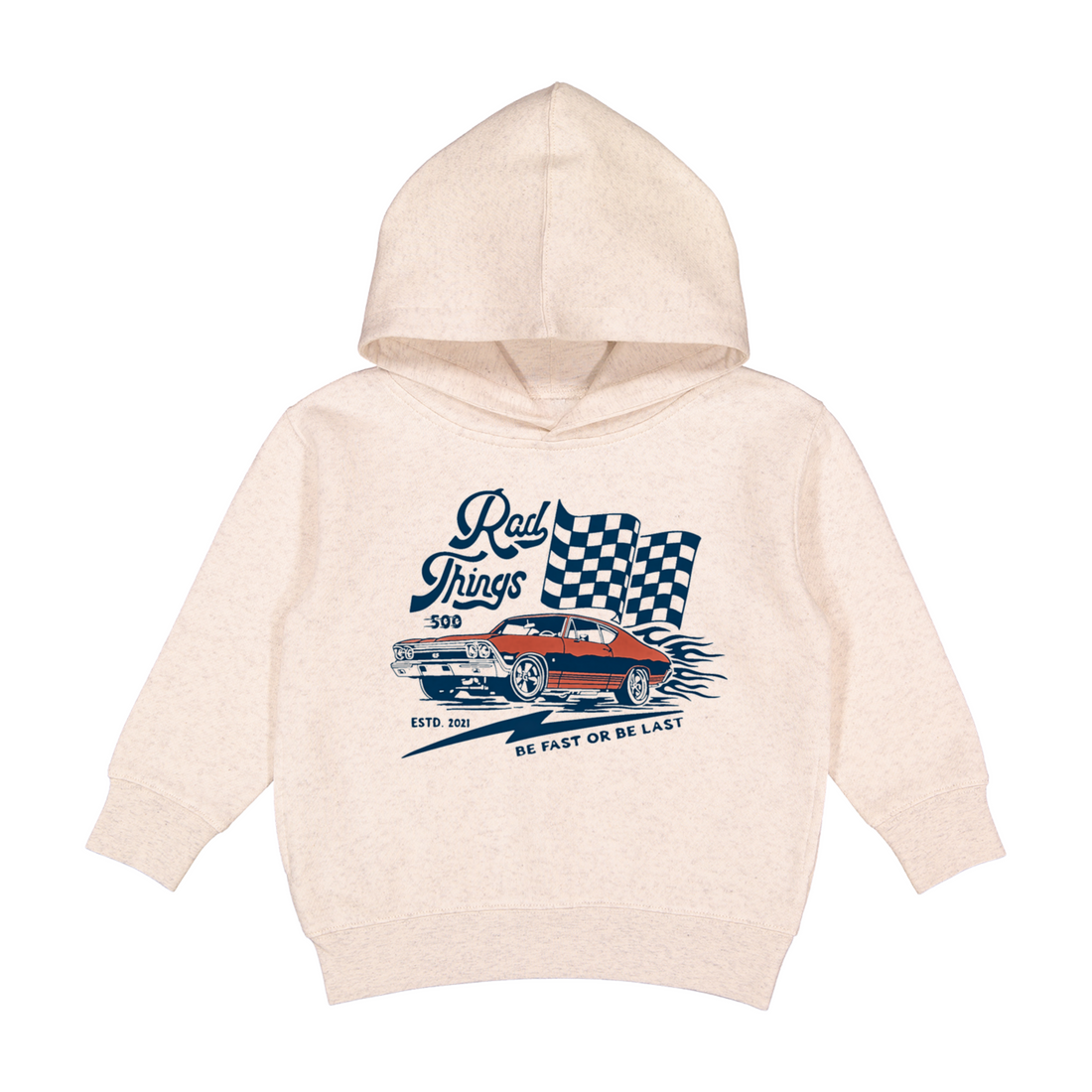 Rad Things 500 vintage cream hoodie featuring a race car graphic.