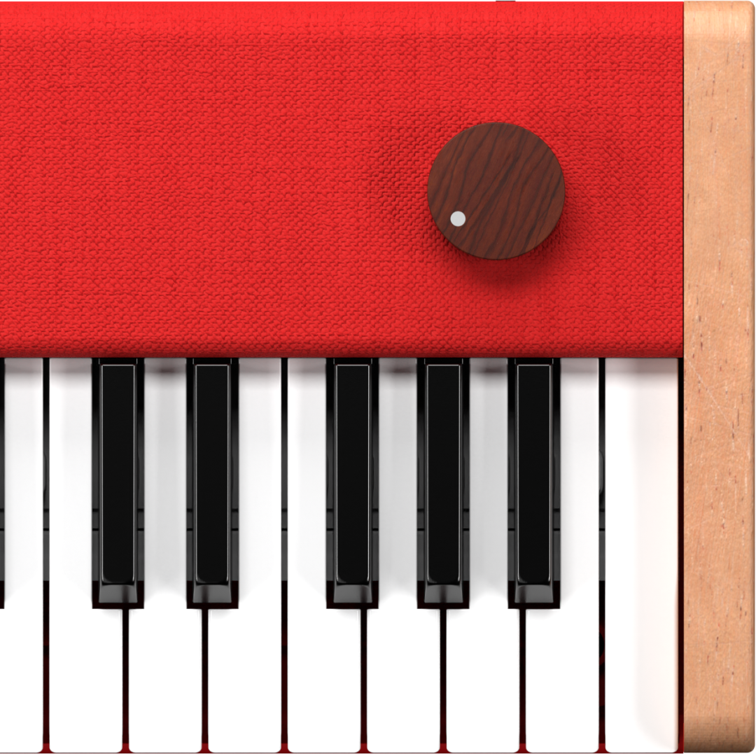 Close-up of a red Loog piano with wooden volume knob.