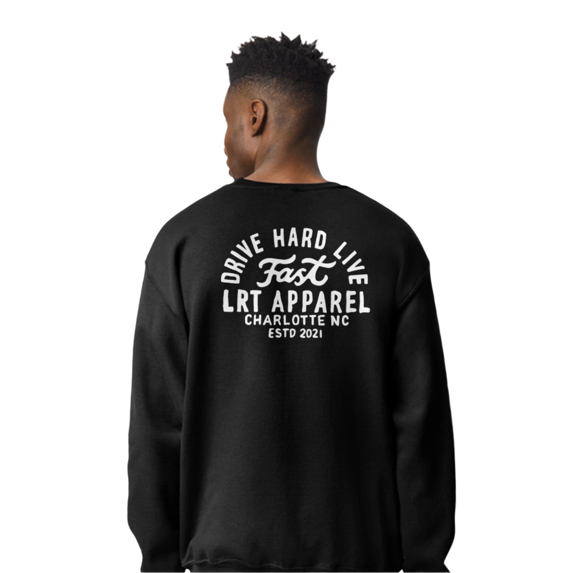 Back view of black Apex crewneck sweatshirt featuring 'Drive Hard Live Fast' graphic.