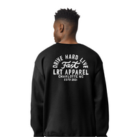 Back view of black Apex crewneck sweatshirt featuring 'Drive Hard Live Fast' graphic.