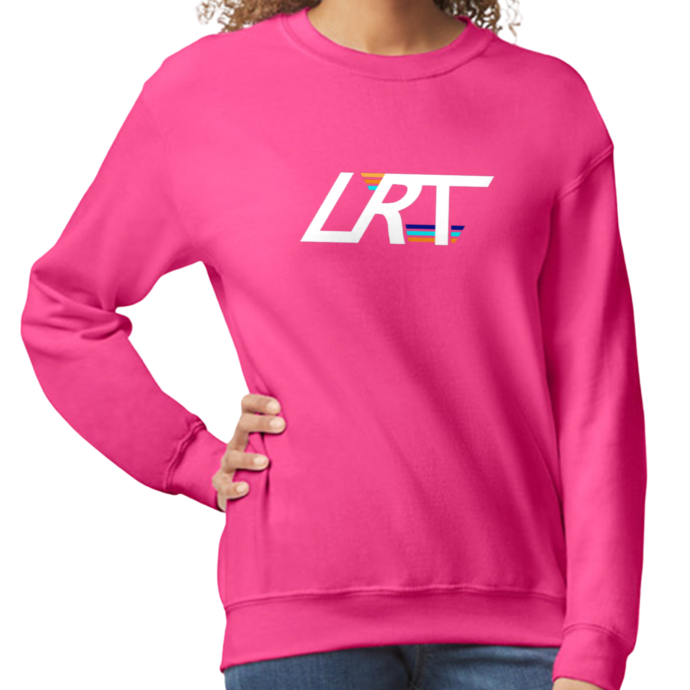 Pink LRT Winged Logo Crew Sweatshirt on a model.